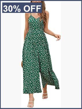 Wide Leg Jumpsuit Sleeveless Smocked Back Romper Floral with Pockets Summer
